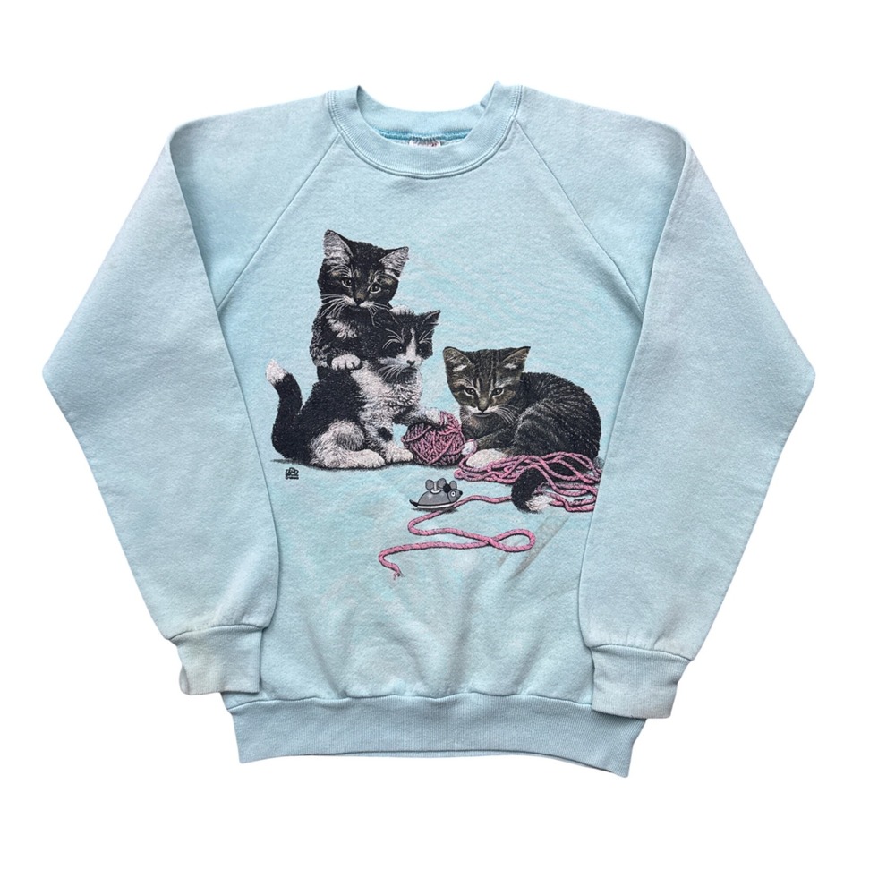 Vintage 90s Jerzees Kitten Cat Grandma Raglan Sweatshirt M